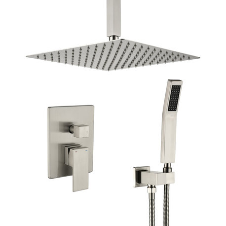 Wellfor Shower Faucet, 12" Ceiling Rain Shower Head With Handheld Combo Set, Brushed Nickel