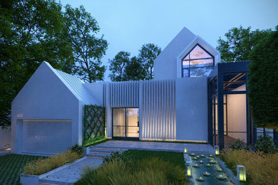 Diseño de fachada de casa blanca y blanca moderna de tamaño medio de dos plantas con revestimiento de estuco, tejado a dos aguas y tejado de metal