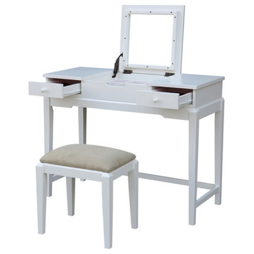 Large Vanity Set, Padded Stool & Table With Drawers & Flip Up Mirror, White