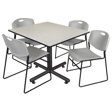 Kobe 48" Square Breakroom Table, Maple and 4 Zeng Stack Chairs, Gray