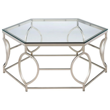 Contemporary Coffee Table, Geometric Design With Hexagonal Glass Top, Chrome