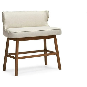Contemporary Bar Bench Stool, Rubberwood Frame & Nailhead Accented Seat, Beige
