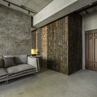 Inredning av en eklektisk liten ingång och ytterdörr, med flerfärgade väggar, betonggolv, en enkeldörr, mörk trädörr och grått golv