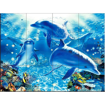 Tile Mural Bathroom Backsplash - The Dolphin Joy  - by Christian Riese Lassen