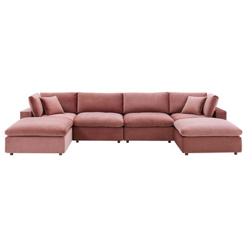 Commix Down Filled Overstuffed Performance Velvet 6-Piece Sectional, Dusty Rose