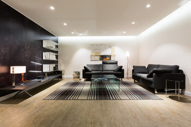 Modelo de sala de estar abierta moderna grande con paredes blancas