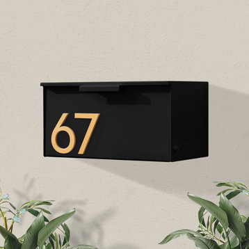 Short Stack Wall Mounted Mailbox + House Numbers, Black, Brass Font