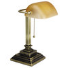 Traditional Banker'S Lamp With Usb, 16", Amber Glass Shade/Antique Brass Base