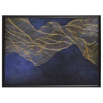 Abstract Waves Solid Wood Frame Wall Art 54" x 34" Blue Black Gold