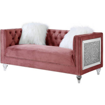 ACME HeiberoII Button Tufted Velvet Upholstered Loveseat with 2 Pillows in Pink