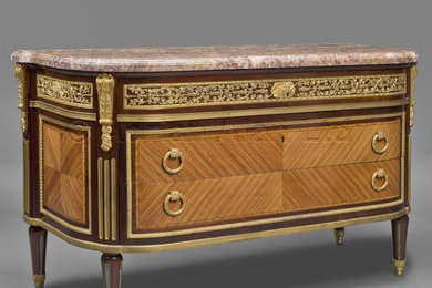 A Fine Louis XVI Style Gilt-Bronze Mounted Tulipwood and Amaranth Commode after