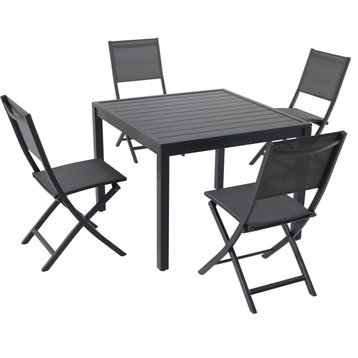 5 Pieces Patio Dining Set, Square Aluminum Table & 4 Folding Sling Chairs, Gray
