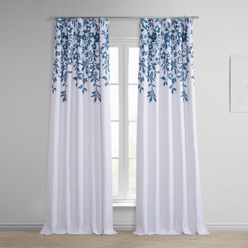 Temple Garden Blue Printed Textured Room Darkening Curtain Single Panel, 50"x84"