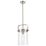 Innovations Lighting - 1-Light Mini Pendant, Brushed Satin Nickel, Clear - An elegant twist on industrial lighting, Pilaster boasts a metal base with long dramatic glass cylinders filled with equally extraordinary Edison style bulbs.