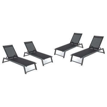 GDF Studio Mesa Outdoor Chaise Lounge With Aluminum Frame, Black Mesh/Gray, Set of 4