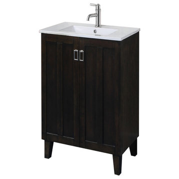 24" Solid Wood Sink Vanity With Ceramic Basin, Dark Brown