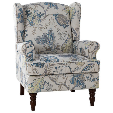 Floral Wingback Armchair with Turned Legs, Blue