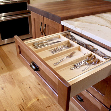 Log Cabin Rustic White Kitchen Cabinets with Granite and Wood Countertops