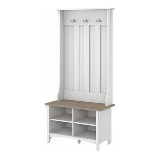 Bush Furniture Key West Entryway Storage Set with Hall Tree, Shoe Bench and 2 Door Cabinet Washed Gray