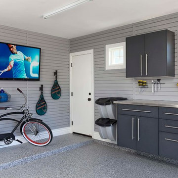Arcadia Home: Powder Coated Granite Cabinets with Floor to Ceiling Slatwall
