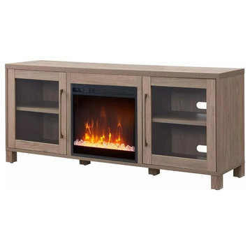 Classic TV Stand, Glass Panel Cabinet Doors and Center Fireplace, Antique Gray Oak
