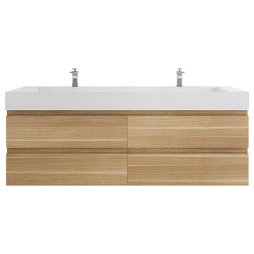Monterey 72" Double Sink Wall Mounted Vanity with Reinforced Acrylic Sinks, White Oak