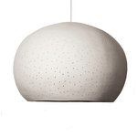 Lightexture - Ceiling Light: Large Claylight Pendant, Dot Pattern, Led Bulb - A perforated white ceramic egg shaped symmetrical pendant light with an elegant braided cord and a matching ceramic ceiling plate.