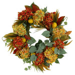 Creative Displays - 25" Hydrangea and Ivy Fall Wreath with Lemons - Add a splash of color and charm to your home or office this fall with this 25" fall wreath. Crafted by hand with care and precision, this beautiful wreath adds an elegant and unique style to any interior. Rich yellow Hydrangeas, stunning orange Hydrangeas, rusty wheat, and dusty ivy make this exquisite wreath truly breathtaking. Lifelike faux lemons and rich red and green leaves bring the wreath to life. Best of all, you don't have to worry about any watering or maintenance. Our wreath is made of high-quality and durable materials for long-lasting style and beauty.