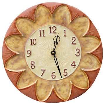 Sunflower Ceramic Wall Clock in Salmon, Cream & Yellow Glazes, 11" diameter