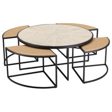 Round Coffee Table With 4 Leather Padded Nesting Stools, Natural Pine Wood Top
