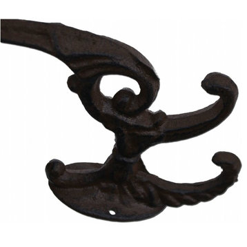 Decorative Victorian Ornate Triple Wall Hook, Rust Brown Cast Iron, 7" Tall