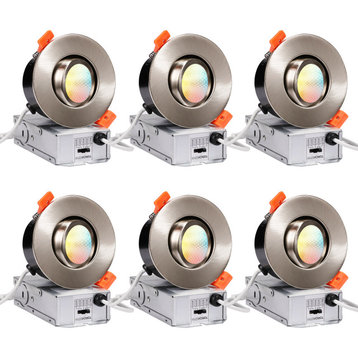 6 Pack 5CCT 3" Gimbal LED Dimmable Recessed Light, Satin Nickel, 5cct