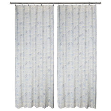 Natural Vintage Linen Curtain Panels, Blue Script, 50"x63", Set of 2