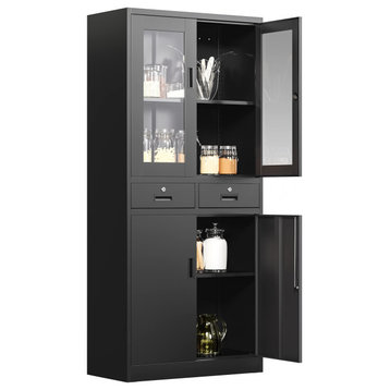 Metal Storage Display Cabinets, Locking, Adjustable & 2 Drawers, Black