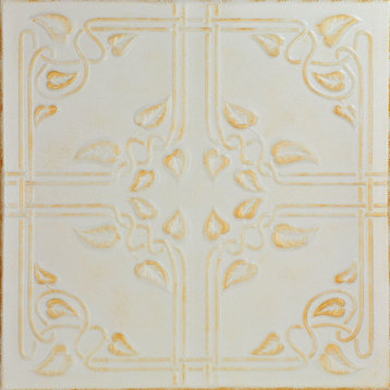 20"x20" Ivy Leaves, Styrofoam Ceiling Tile, White Washed Gold