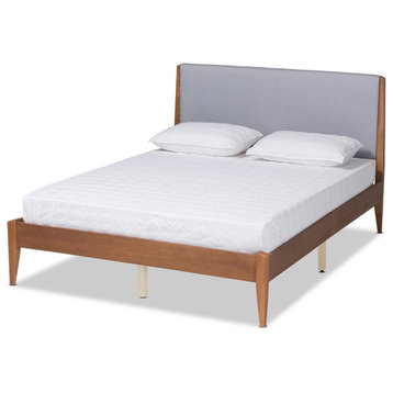 Mid-Century Modern Grey Fabric Upholestred Wood King Size Platform Bed