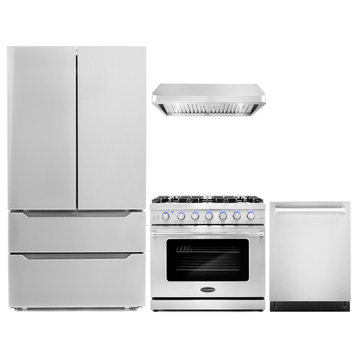 4-Piece, 36" Gas Range, 36" Range Hood, 24" Dishwasher and Refrigerator