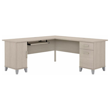 L-Shaped Desk, Keyboard Tray & Cabinet/Drawers With Metal Pulls, Sand Oak