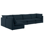 Meridian Furniture - Mackenzie Linen Textured Fabric 5-Piece Modular L-Shaped Sectional, Navy - Mix and match the pieces from the Mackenzie series to create a beautiful seating group that's perfect for the whole gang. These exceptionally crafted sofas, sectionals, and other components are meant to be put together into an infinite number of configurations based on your particular needs and space requirements. Each is upholstered from top to bottom in soft durable linen textured in your choice of colors. Attach the pieces of your choice easily thanks to the included attachment latches.