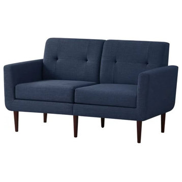 Mid Century Loveseat, Padded Polyester Seat With Tufted Back Cushions, Blue