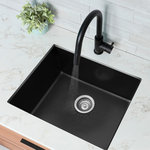 Stylish - Dual Mount 22" Single-Bowl Black Composite Granite Kitchen Sink with Strainer - Enhance your kitchen with our impressive 22-inch single bowl dual-mount composite granite kitchen sink. Crafted from 80% natural quartz, it boasts exceptional durability and low-maintenance. The stone-like material is lighter than solid granite but handles daily demands effortlessly. Resistant to scratches and dirt, this sink is easy to clean. Install it over the countertop or as an undermount sink for a seamless look.