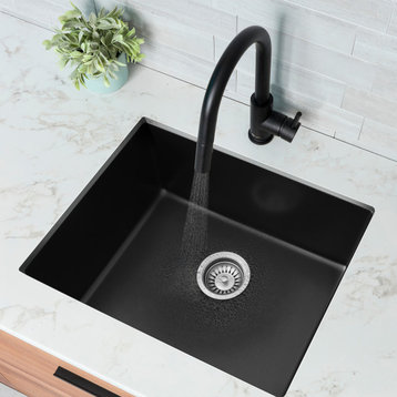 Dual Mount 22" Single-Bowl Black Composite Granite Kitchen Sink with Strainer