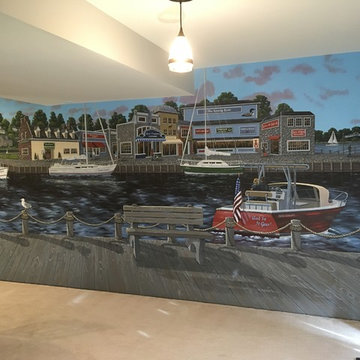 New England Harbor Town Mural, hand painted throughout a lower level