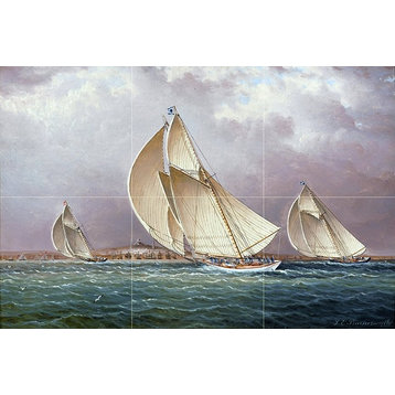 Tile Mural Seascape American Yachting in Boston Harbor Yacht, Ceramic Matte
