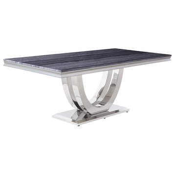 ACME Cambrie Dining Table, Faux Marble and Mirrored Silver