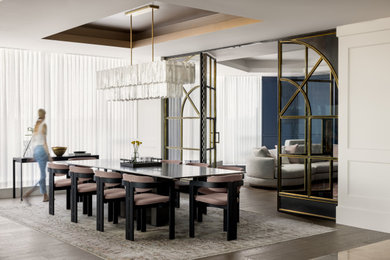 Large trendy dark wood floor, brown floor and tray ceiling great room photo in Calgary with white walls
