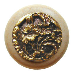 Inviting Home Inc. - Hibiscus Natural Wood Knob, Unfinished With Antique-Style Brass - Cabinet And Drawer Knobs