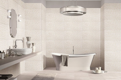 Inspiration for a large contemporary master bathroom in Las Vegas with a freestanding tub, white tile, white walls, ceramic floors, a vessel sink, white floor and grey benchtops.