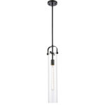 Innovations Lighting - Innovations Lighting 413-1S-BK-4CL Pilaster - One Light Mini Pendant - Vintage Incandescent 60 Watt Tubular Dimmable Bulb Included  Includes 10 Feet of Wire  Includes 1-6 and 2-12 inch Stems. Additional Stems sold separately.  Solid Brass  Degree Hang Straight Swivel for Sloped Ceilings Included  Rated for 100 Watt Maximum  UL/CUL Damp Rated  In order to maintain the finish we recommend simply using water and a cheesecloth towel  Compatible with Incandescent, LED, Fluoresent and Halogen bulbs.   2 Year Finish/Lifetime Electrical Clear  2200  220  99.9  2000 Hours  Bruno Marashlian  No. of Rods: 3  Canopy Included: Yes  Shade Included: Yes  Sloped Ceiling Adaptable: Yes  Canopy Diameter: 4.5 x 0.75  Rod Length(s): 3.00Pilaster 4.88" One Light Mini Pendant Matte Black Clear Cylinder GlassUL: Suitable for damp locations, *Energy Star Qualified: n/a  *ADA Certified: n/a  *Number of Lights: Lamp: 1-*Wattage:60w A19 Medium Base bulb(s) *Bulb Included:No *Bulb Type:A19 Medium Base *Finish Type:Matte Black