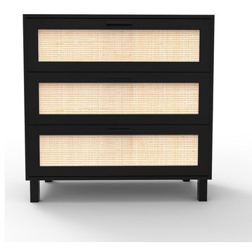 Spacious End Table, Large Storage Drawers With Woven Rattan Front Detail, Black